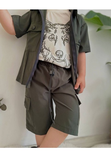 Paraşüt Kumaş Kurt Motifli Şort T-Shirt Gömlek 3'lü Takım
