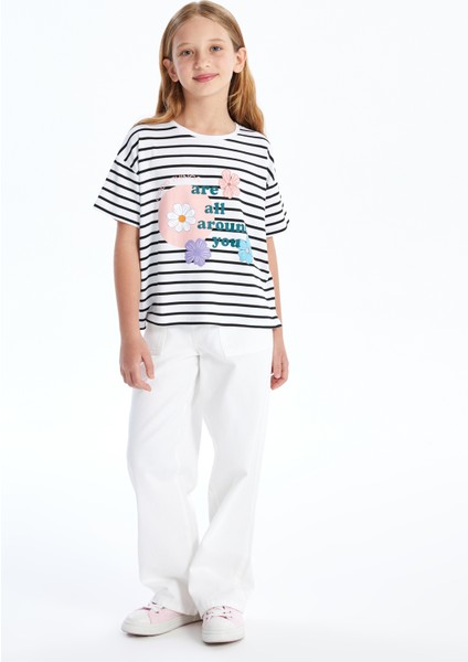 Rio - Çizgili Baskı Detaylı Örme T-Shirt - Çizgili