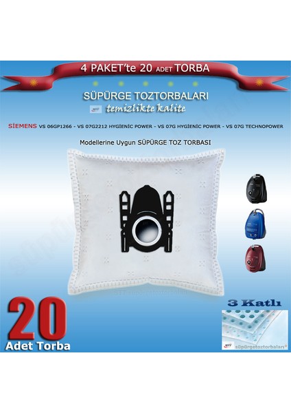 Siemens VS06GP1266 - VS07G2212 Hygienic Power - VS07G Hygienic Power - VS07G Technopower Modellerine Uygun 20 Adet Süpürge Toz Torbası 200620