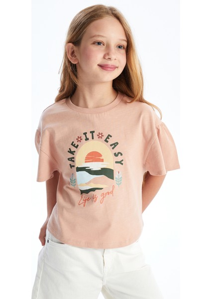 Goya - Kolları Fırfır ve Baskı Detaylı Örme T-Shirt - Pembe