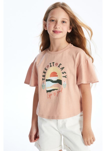 Goya - Kolları Fırfır ve Baskı Detaylı Örme T-Shirt - Pembe