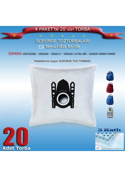 Siemens VS07G2000 - VS92A04 - VS92A17 - VS55A21 Ultraair - VSZ6GP Greenpower Modellerine Uygun 20 Adet Süpürge Toz Torbası 200620