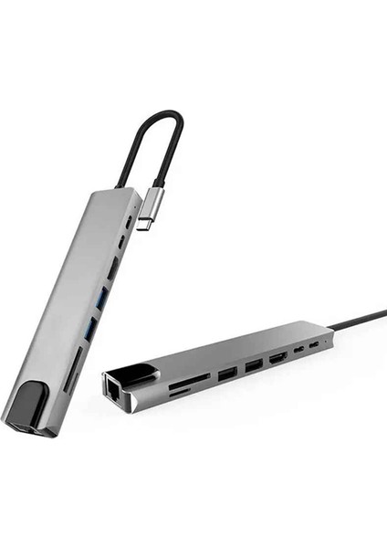 USB C Hub 8 In 1 Type-C HDMI/RJ45/USB Bağlantı Noktası/pd/sd Kart Okuyucu Android/ios Uyumlu Adaptör