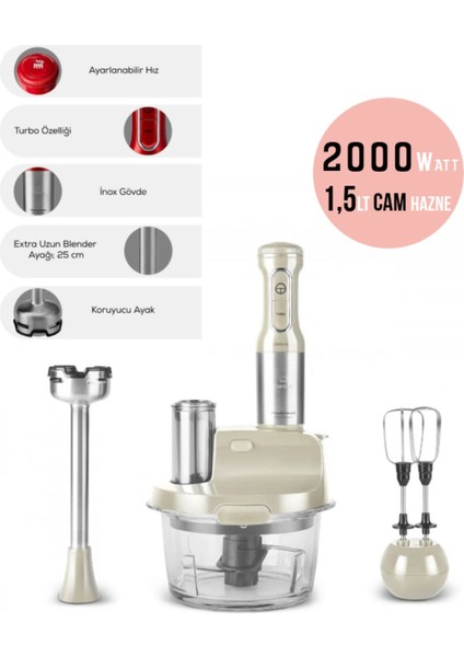 Çırpma, Dilimleme, Doğrama, Blender, Karıştırma 2000W Turbo 1,5lt Cam Hazneli Mutfak Robotu & Blender & Cam Hazneli Rondo