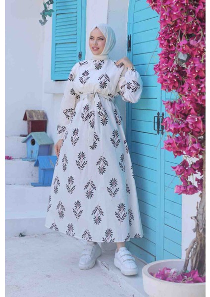 Siyah Dal Desenli Keten Tesettür Elbise