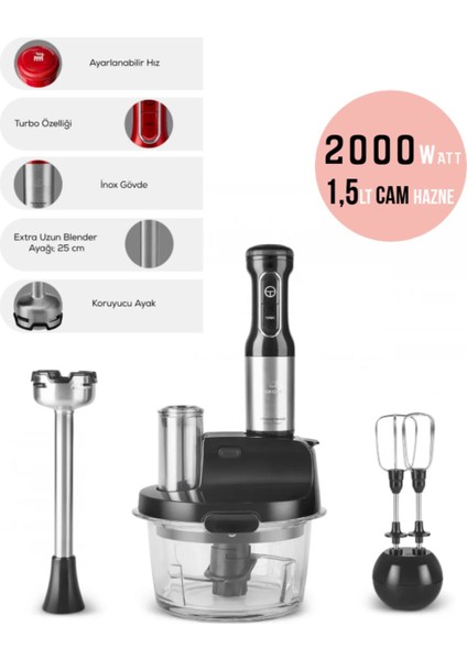 Çırpma, Dilimleme, Doğrama, Blender, Karıştırma 2000W Turbo 1,5lt Cam Hazneli Mutfak Robotu & Blender & Cam Hazneli Rondo