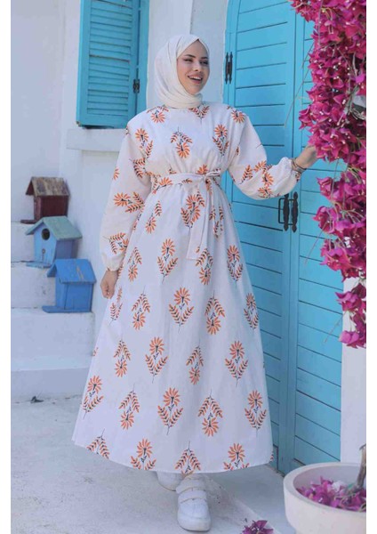 Turuncu Dal Desenli Keten Tesettür Elbise