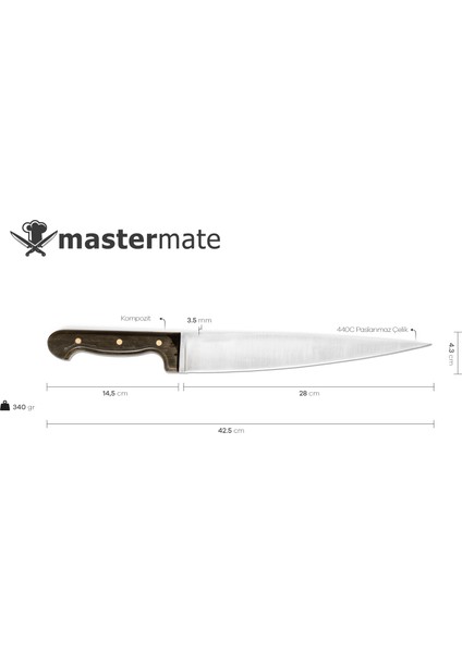 Mastermate Knives 42,5 cm Şef Bıçağı - Yüksek Kalite Paslanmaz Çelikten El Yapımı - Vintage Görünümlü Kompozit Malzeme Sap - Isim Yazılabilir