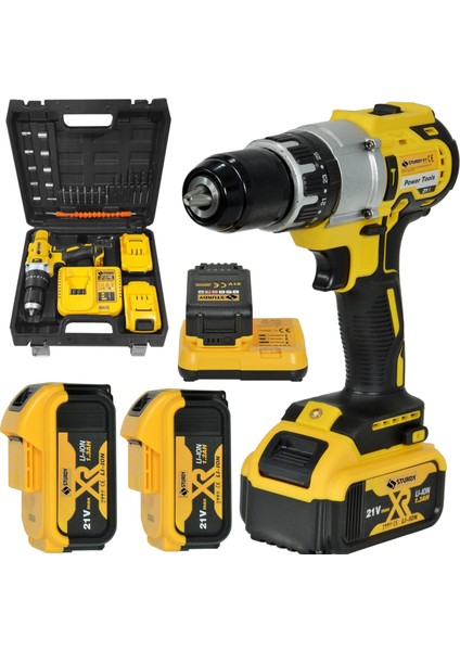 Japon Techn. 21 Volt 13 mm Metal Mandren Darbeli Çift Akülü Vidalama Matkap 27 Parça Set Sarı