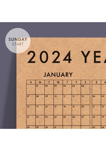 Amerikan Standardı 2025 Takvim, Yıllık Planlayıcı Duvar Takvimi, Kraft Kağıt, Sunday Start