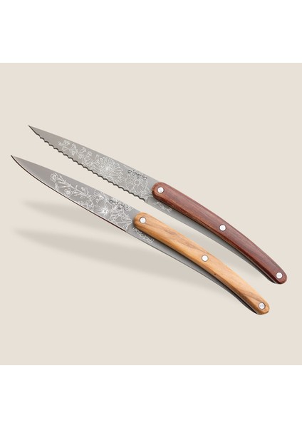 2 Deejo Paring Knives, Olive And Coral Wood / Blossom