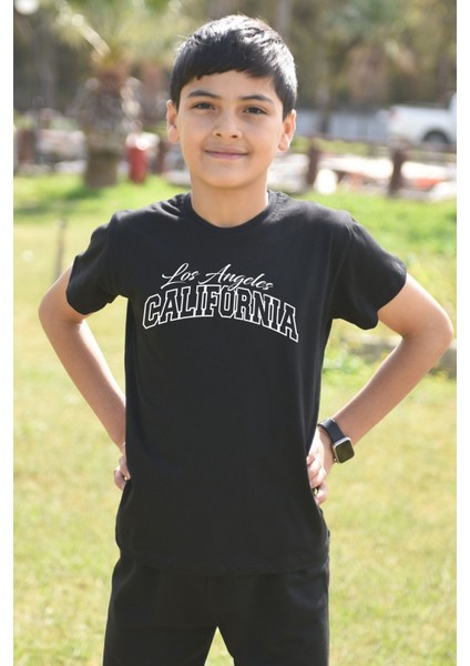 Çocukça Giy Çocukçagiy Los Angeles California  Baskılı Çocuk Pamuklu Bisiklet Yaka Tshirt