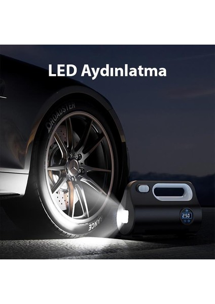 Polham 120W Süper Güçlü Taşınabilir Lastik Pompası,3mt Kablolu Basınç Göstergeli, Işıklı Hava Kompresörü