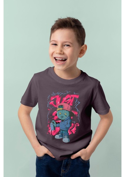 Çocukça Giy Çocukçagiy Bear Grafiti  Baskılı Erkek Kız Çocuk Pamuklu Bisiklet Yaka Tshirt