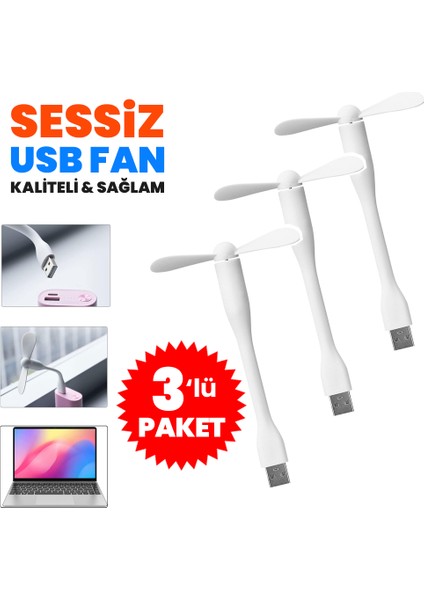 3 Adet Taşınabilir Esnek Sessiz USB Mini Fan Pervane, Küçük Vantilatör, Serinletici, El Fanı