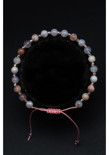 Flower Agate Doğal Taş Makrome Örme Bileklik Küre Kesim