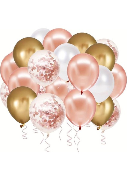 Rose Metalik Gold Beyaz Konfetili 40 Adet Parti Balonu Seti