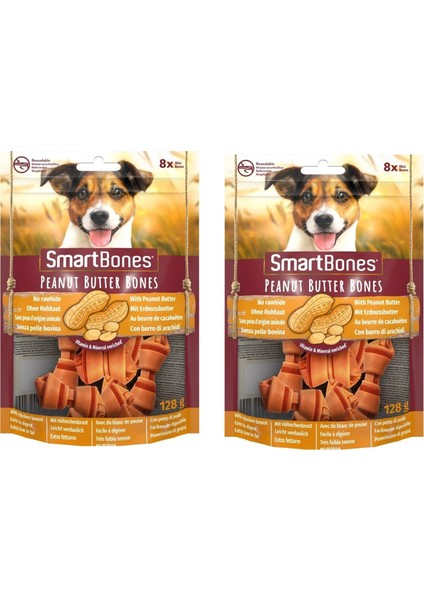 Smartbones Tavuklu ve Fıstık Ezmeli Mini Kemik 8 Li 128 gr. x 2 Adet