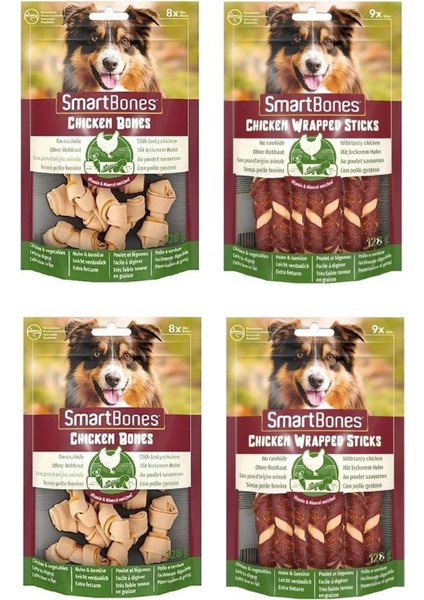 Smartbones Tavuklu Mini Kemik 8 Li + Tavuk Sargılı Stick 9 Lu Karma Paket 4 Lü