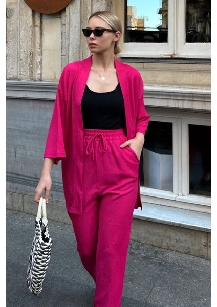 Kadın Dökümlü Bürümcük Düz Paça Yazlık Palazzo Trend Kimono Alt Üst Takım