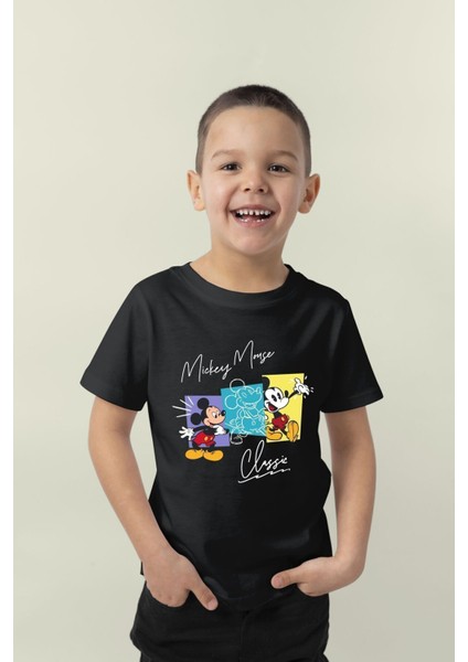 Çocukça Giy Çocukçagiy Mickey Mouse  Baskılı Unisex Çocuk Pamuklu Bisiklet Yaka Tshirt