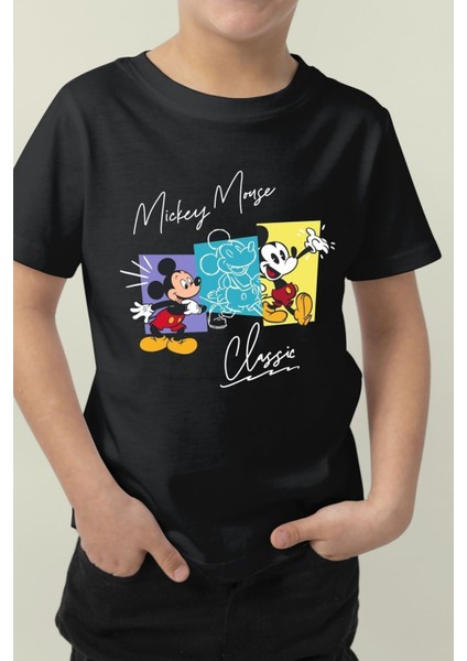 Çocukça Giy Çocukçagiy Mickey Mouse  Baskılı Unisex Çocuk Pamuklu Bisiklet Yaka Tshirt