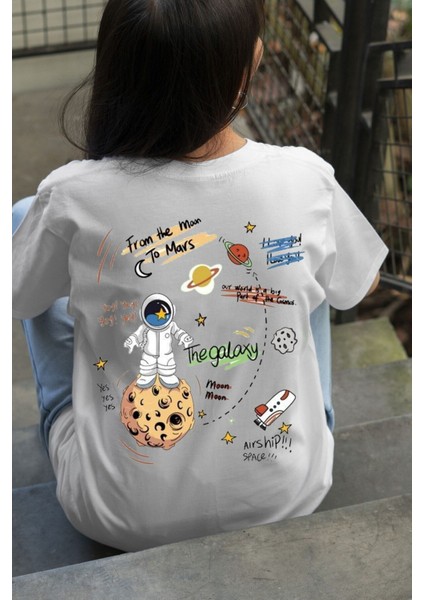 Çocukça Giy Çocukçagiy The Galaxy Astronot Baskılı Erkek Kız Çocuk Pamuklu Bisiklet Yaka Tshirt