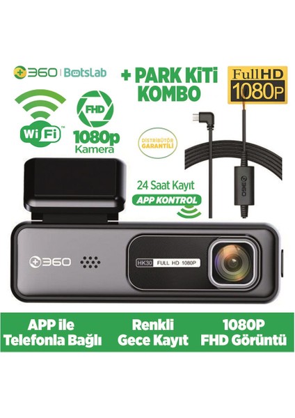 HK30 Wifi 1080P 130° Geniş Açı Gece Görüşlü Akıllı Araç Içi Kamera+ Park Modu Bağlantı Kablosu Combo