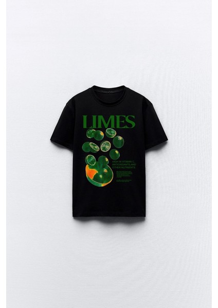 Limes Yazılı Limon Tasarım Baskılı Siyah Kadın T-Shirt