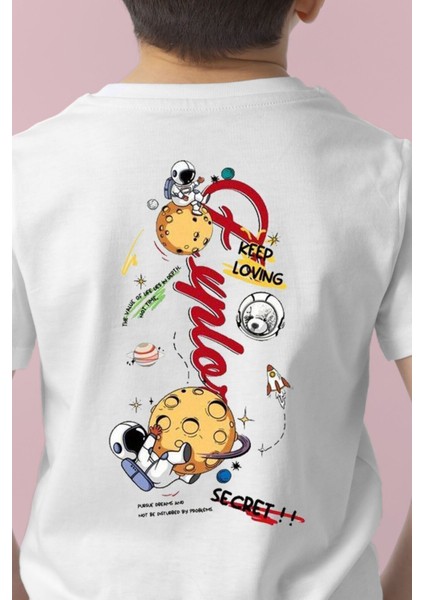 Çocukçagiy Space Astronot Baskılı Erkek Kız Çocuk Pamuklu Bisiklet Yaka Tshirt