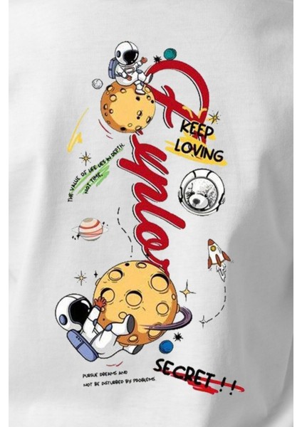 Çocukçagiy Space Astronot Baskılı Erkek Kız Çocuk Pamuklu Bisiklet Yaka Tshirt