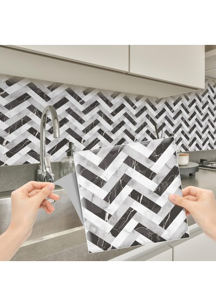 Kendinden Yapışkanlı Yüzey Fayans Kaplama Siyah Beyaz Parke 006 Desenli Pvc Karo 30X30CM (4 Adet) 0,36 M2
