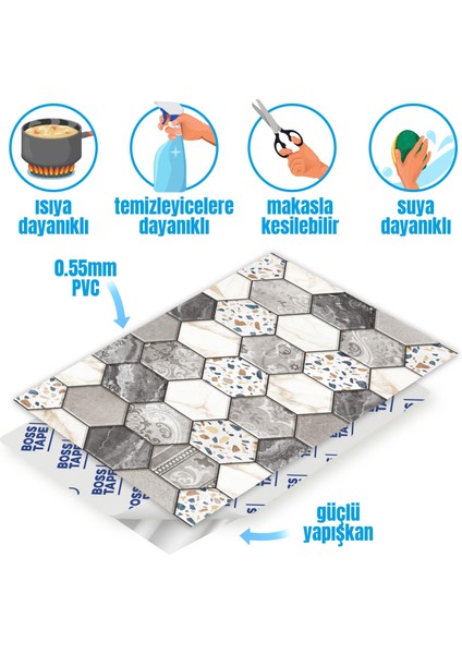 Kendinden Yapışkanlı Seramik Fayans Kaplama Altıgen Desenli 005 Pvc Karo 30X60CM (4 Adet) 0,72 M2 modelleri