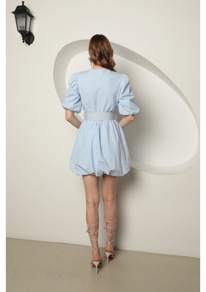 Kadın Balon Elbise Kemer Detaylı V Yaka Poplin Kumaş KKTS3019 modelleri