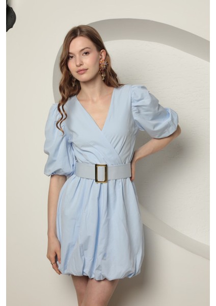 Kadın Balon Elbise Kemer Detaylı V Yaka Poplin Kumaş KKTS3019 fırsatları