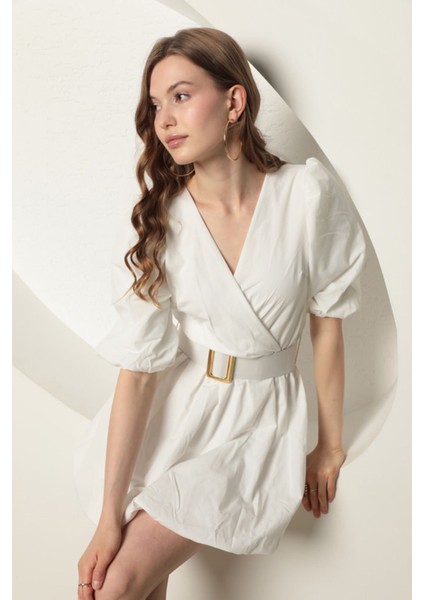 Kadın Balon Elbise Kemer Detaylı V Yaka Poplin Kumaş KKTS3019 modelleri