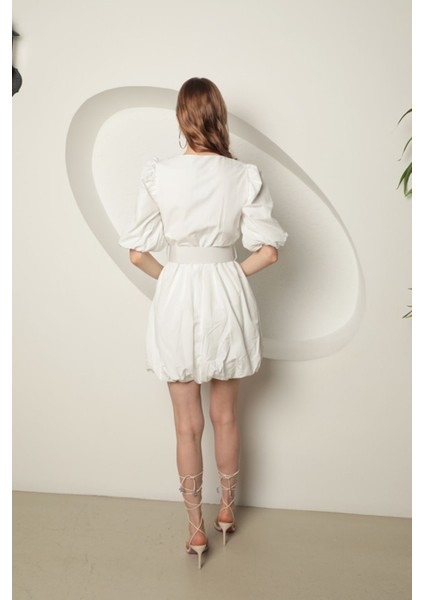 Kadın Balon Elbise Kemer Detaylı V Yaka Poplin Kumaş KKTS3019 fırsatları