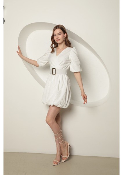 Kadın Balon Elbise Kemer Detaylı V Yaka Poplin Kumaş KKTS3019 indirimleri