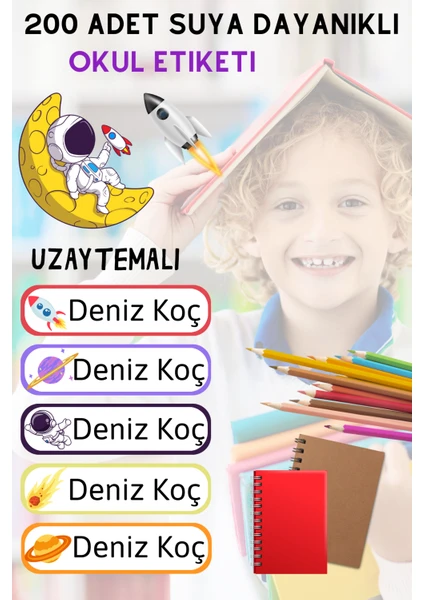 200 Adet Suya Dayanıklı Kişiye Özel Okul Etiket Seti - Kalem Defter Kitap Stickerı