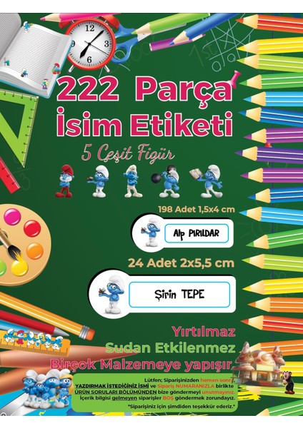 Okul Etiketi Kalem Defter Etiketi, Şirinler V3 Etiketi - 222 Adet Folyo Sticker modelleri