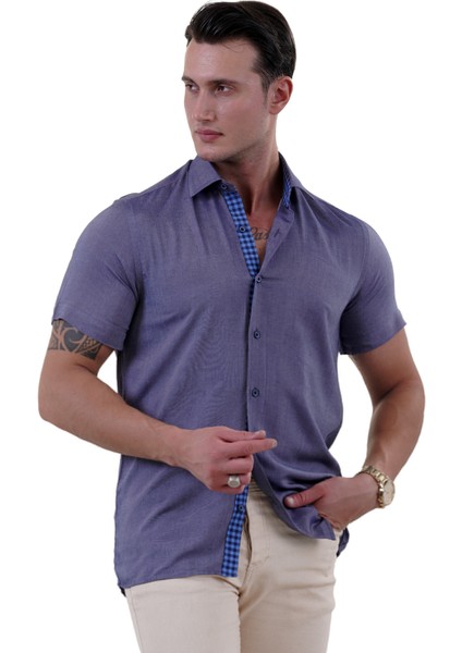 Lacivert Yıkamalı Kot Görünümlü 100% Pamuk Yazlık Slim Fit Kısa Kollu Gömlek