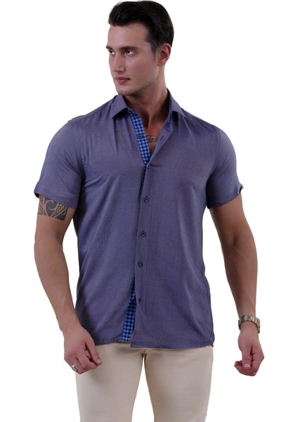 Lacivert Yıkamalı Kot Görünümlü 100% Pamuk Yazlık Slim Fit Kısa Kollu Gömlek