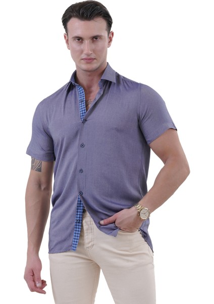 Lacivert Yıkamalı Kot Görünümlü 100% Pamuk Yazlık Slim Fit Kısa Kollu Gömlek