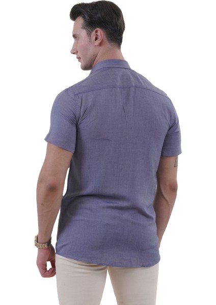 Lacivert Yıkamalı Kot Görünümlü 100% Pamuk Yazlık Slim Fit Kısa Kollu Gömlek