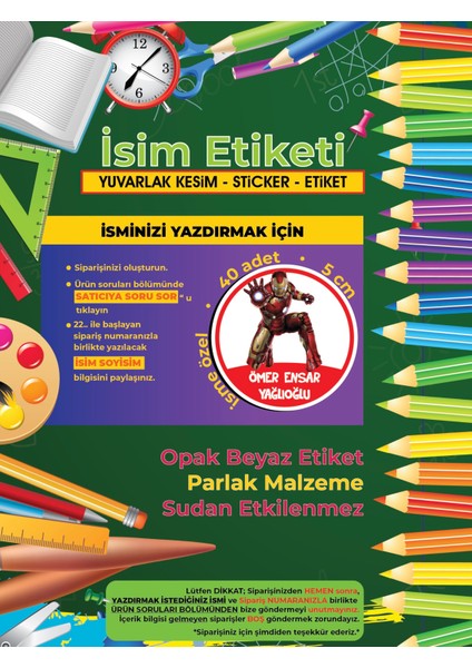 Okul Etiketi, Kalem Defter Etiketi, Iron Man - 40 Adet 5cm Opak Sticker modelleri