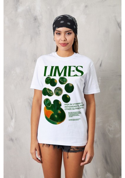 Limes Yazılı Limon Tasarım Baskılı Beyaz Kadın T-Shirt