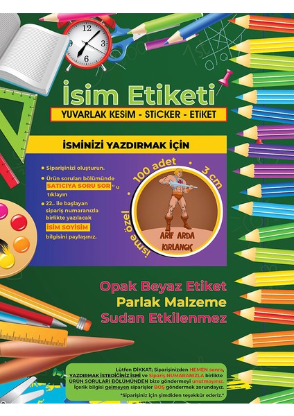 Okul Etiketi Kalem Defter Etiketi, He-Man Etiketi - 100 Adet 3cm Opak Sticker modelleri