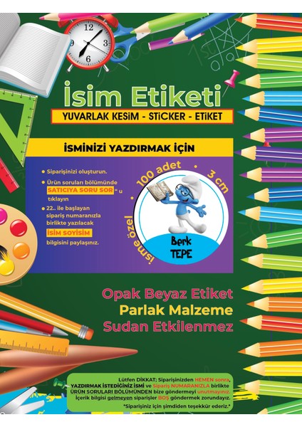 Okul Etiketi Kalem Defter Etiketi, Şirinler V3 Etiketi - 100 Adet 3cm Opak Sticker modelleri