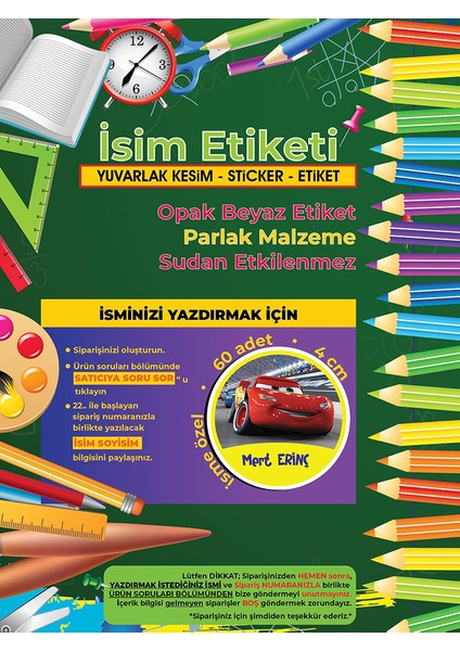 Okul Etiketi Kalem Defter Etiketi, Şimşek Macqueen- 60 Adet 4cm Opak Sticker modelleri