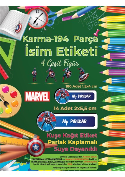 Okul Etiketi Kalem Defter Etiketi, Kaptan Amerika Etiketi - 194 Adet Kuşe Sticker